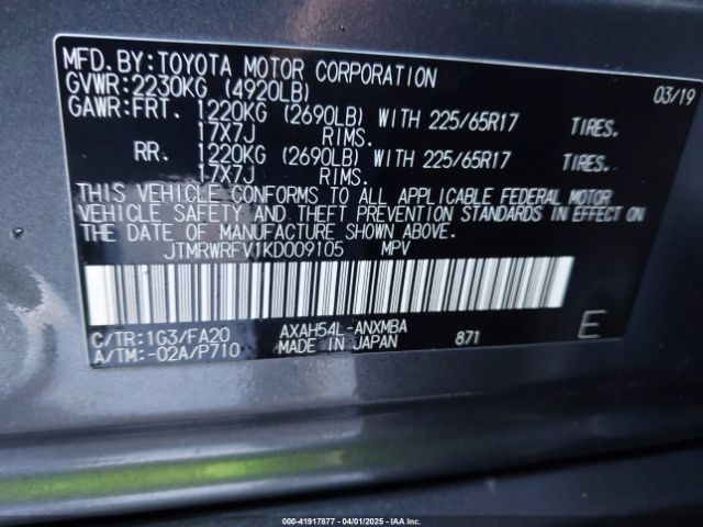 JTMRWRFV1KD009105 Toyota Rav4 Hybrid Xle