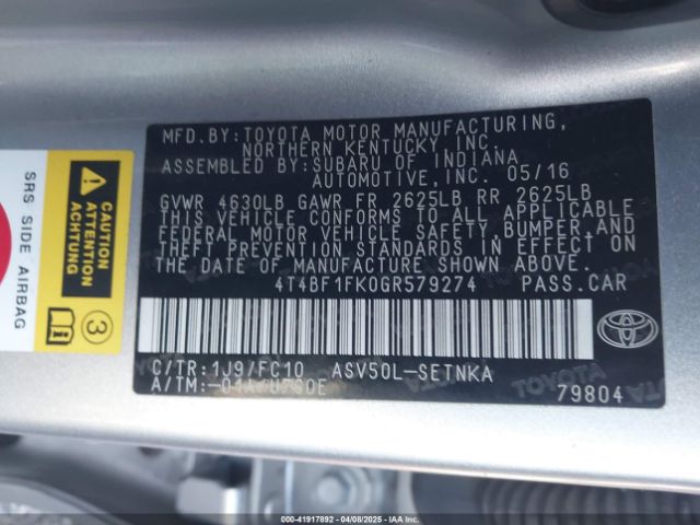 4T4BF1FK0GR579274 Toyota CAMRY LE