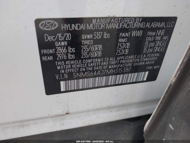 5NMS64AJ7MH315387 Hyundai Santa Fe Sel