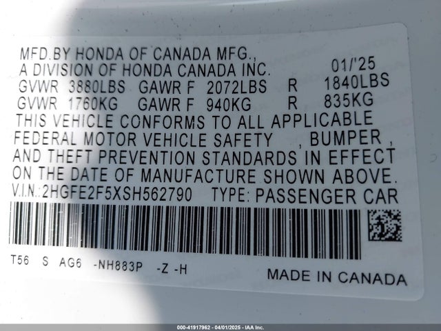 2HGFE2F5XSH562790 Honda Civic Sport