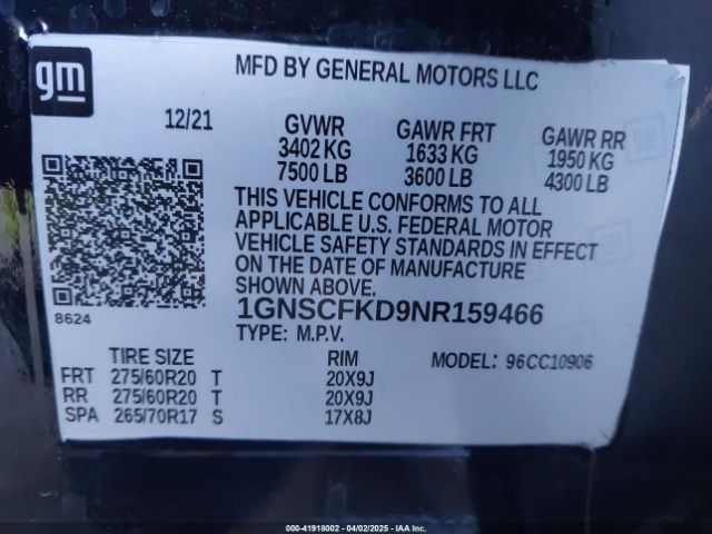 1GNSCFKD9NR159466 Chevrolet Suburban 2wd Premier