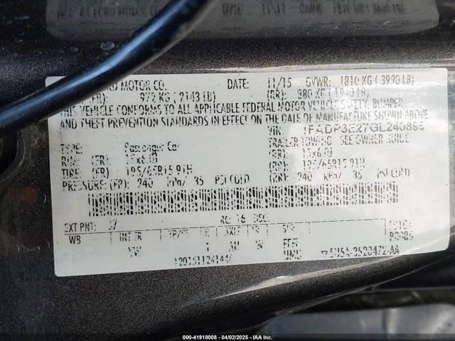 1FADP3E27GL240895 Ford FOCUS S