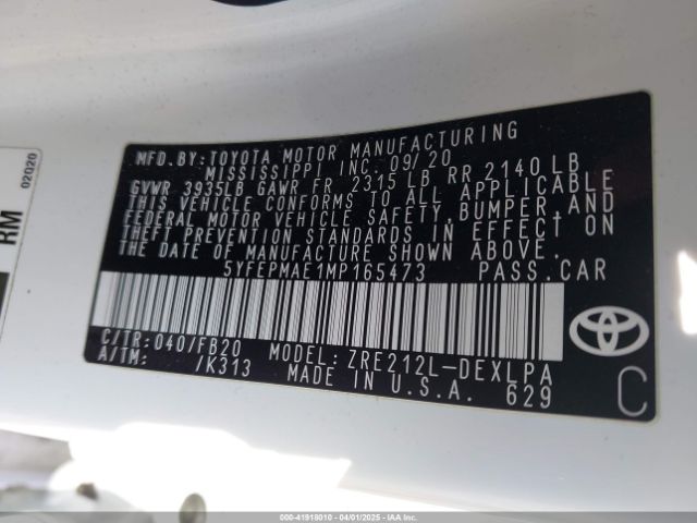 5YFEPMAE1MP165473 Toyota COROLLA LE