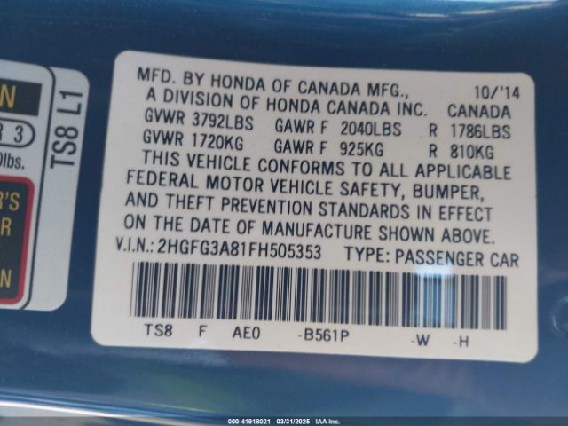 2HGFG3A81FH505353 Honda CIVIC EX