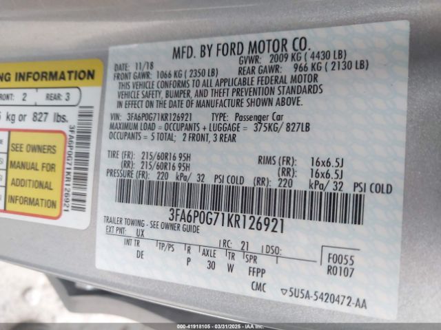 3FA6P0G71KR126921 Ford FUSION S
