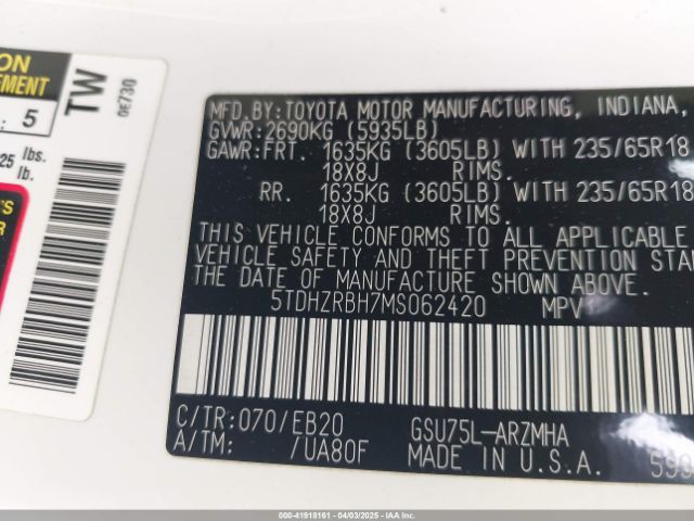 5TDHZRBH7MS062420 Toyota Highlander Xle