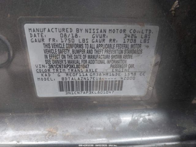 3N1CN7AP3KL801047 Nissan Versa 1.6 S+
