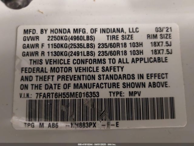 7FART6H55ME016353 Honda Cr-v Hybrid Ex