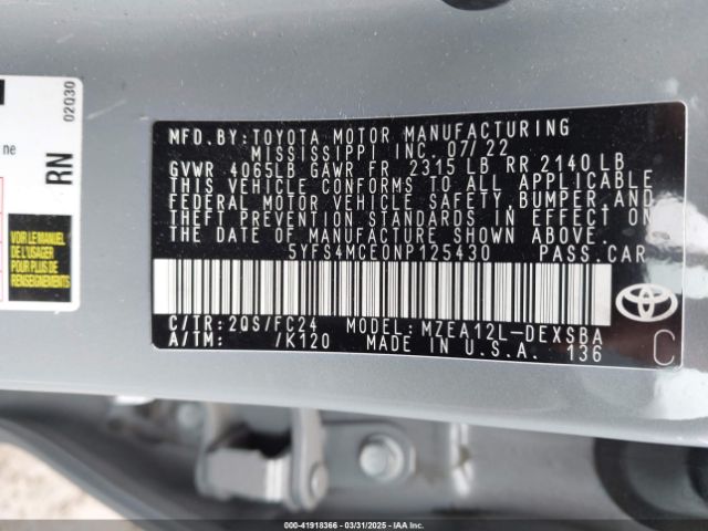 5YFS4MCE0NP125430 Toyota Corolla Se Apex Edition