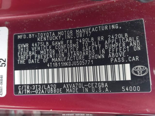 4T1B11HK0JU505771 Toyota CAMRY XLE