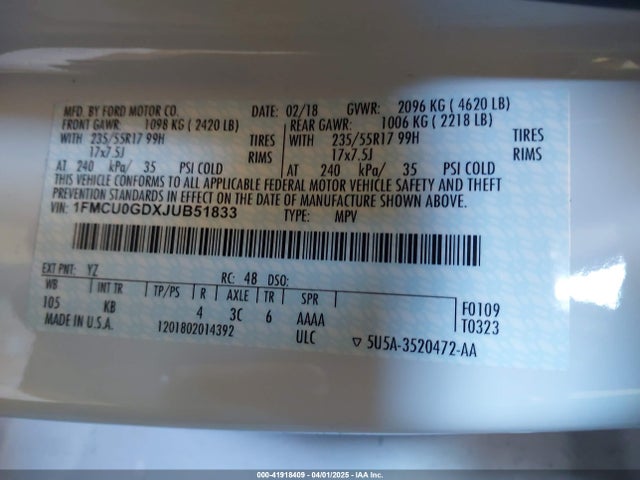 1FMCU0GDXJUB51833 Ford ESCAPE SE