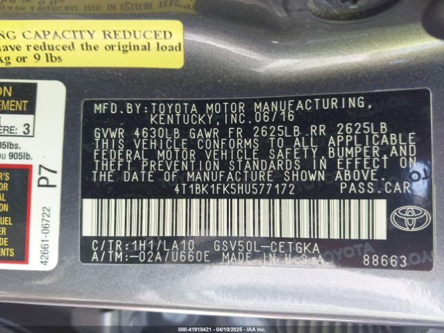 4T1BK1FK5HU577172 Toyota Camry Xle V6