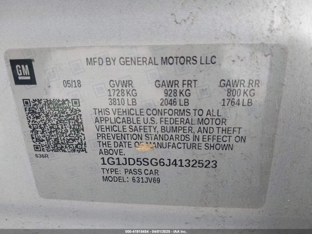 1G1JD5SG6J4132523 Chevrolet Sonic Lt Auto