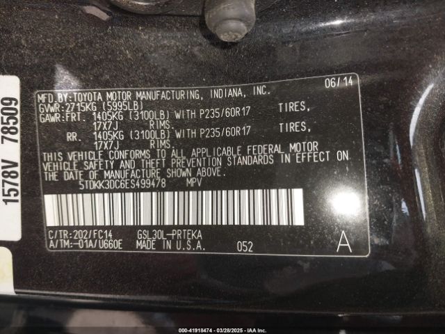 5TDKK3DC6ES499478 Toyota Sienna Le V6 8 Passenger