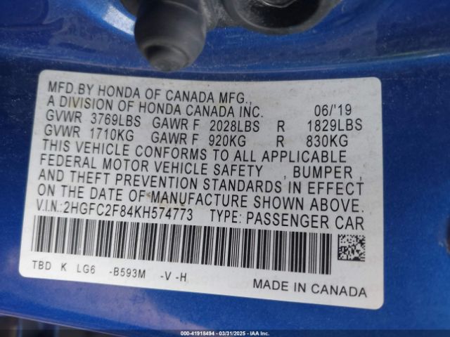 2HGFC2F84KH574773 Honda Civic Sport