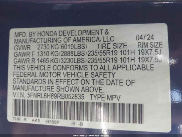 5FNRL6H89RB052835 Honda Odyssey Touring