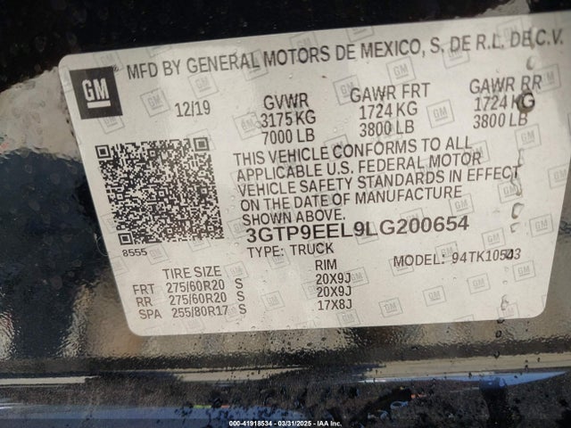 3GTP9EEL9LG200654 GMC Sierra 1500 4wd  Short Box At4