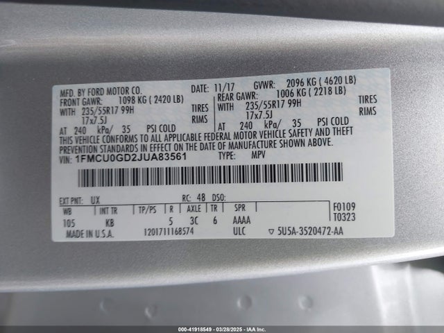 1FMCU0GD2JUA83561 Ford ESCAPE SE