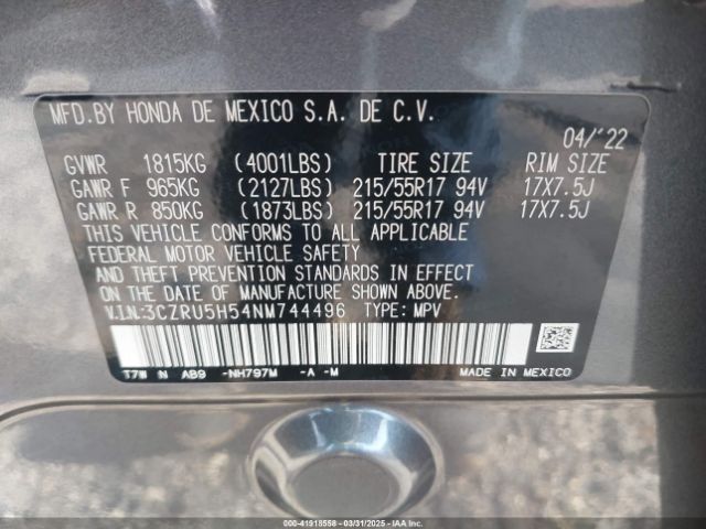 3CZRU5H54NM744496 Honda Hr-v 2wd Ex
