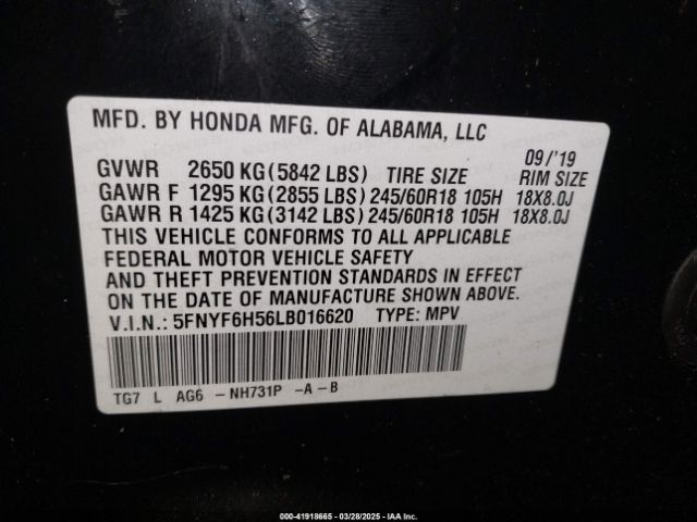 5FNYF6H56LB016620 Honda Pilot Awd Ex-l
