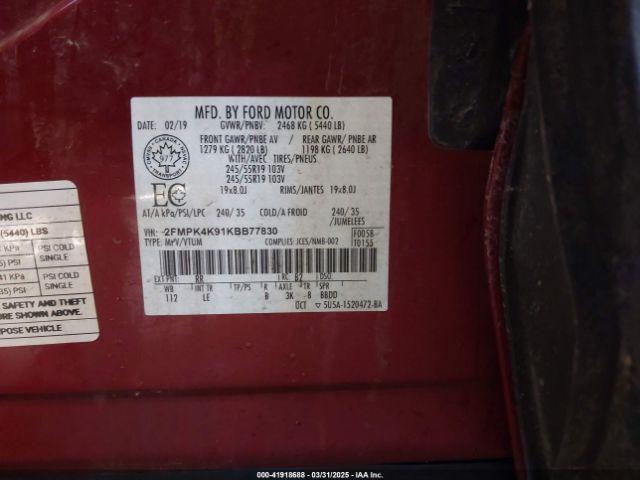 2FMPK4K91KBB77830 Ford Edge Titanium