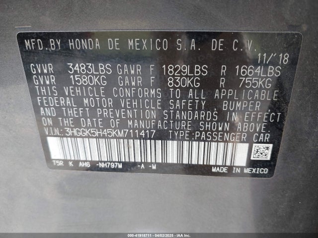3HGGK5H45KM711417 Honda FIT LX