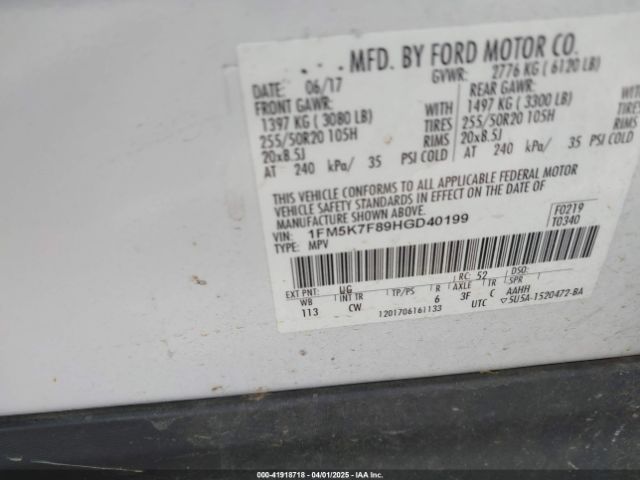 1FM5K7F89HGD40199 Ford Explorer Limited