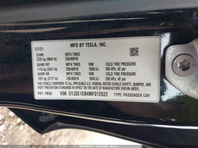5YJ3E1EB4MF012822 Tesla Model 3 Long Range Dual Motor All-wheel Drive