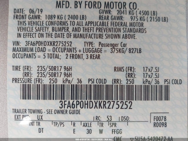 3FA6P0HDXKR275252 Ford FUSION SE