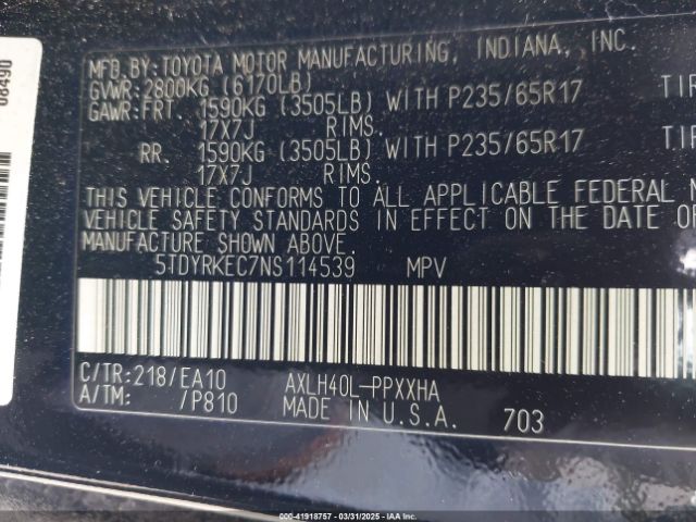 5TDYRKEC7NS114539 Toyota SIENNA XLE
