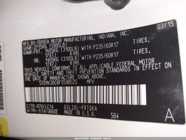 5TDYK3DC8FS598525 Toyota Sienna Xle Premium 8 Passenger