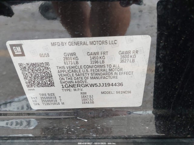 1GNERGKW5JJ194436 Chevrolet Traverse 1lt