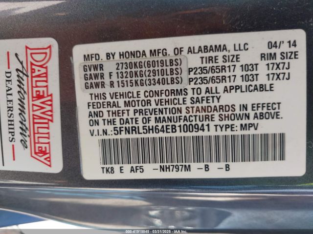 5FNRL5H64EB100941 Honda Odyssey Ex-l