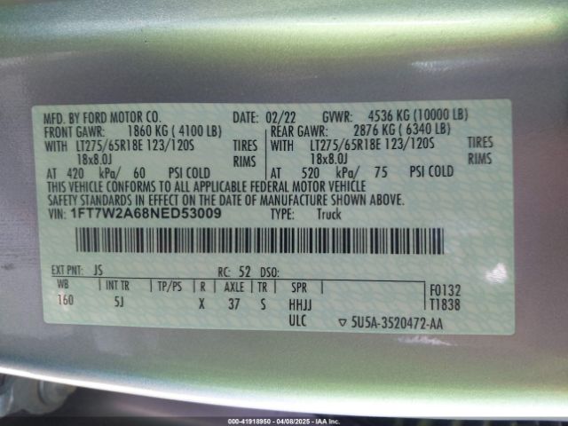 1FT7W2A68NED53009 Ford F-250 Lariat