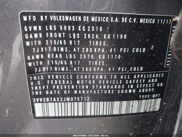 Aukcja sprzedaży 2018 Volkswagen Tiguan 2.0t Se/2.0t Sel, vin: 3VV2B7AX2JM075712, numer aukcji: 41919064