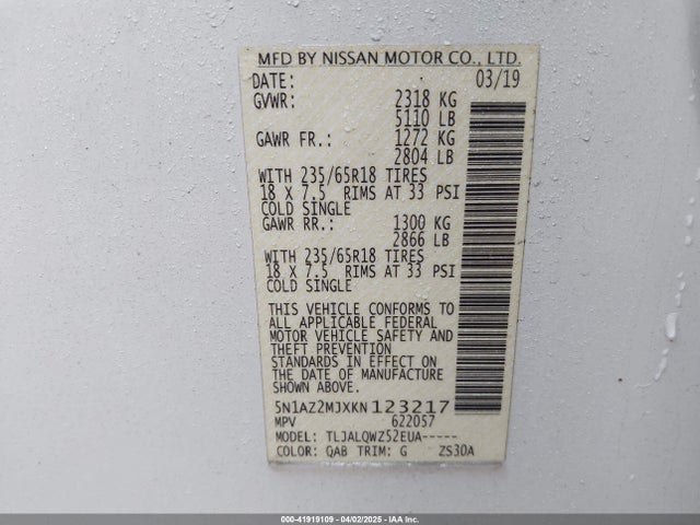 5N1AZ2MJXKN123217 Nissan MURANO SV