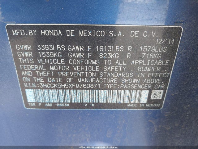 3HGGK5H5XFM760871 Honda FIT LX