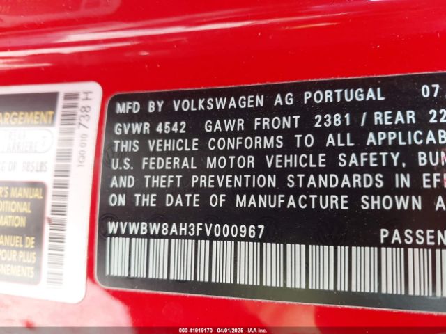 WVWBW8AH3FV000967 Volkswagen Eos Komfort Edition