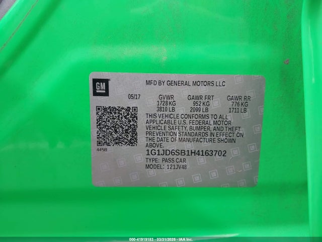 Продаж на аукціоні авто 2017 Chevrolet Sonic Lt Auto, vin: 1G1JD6SB1H4163702, номер лоту: 41919183