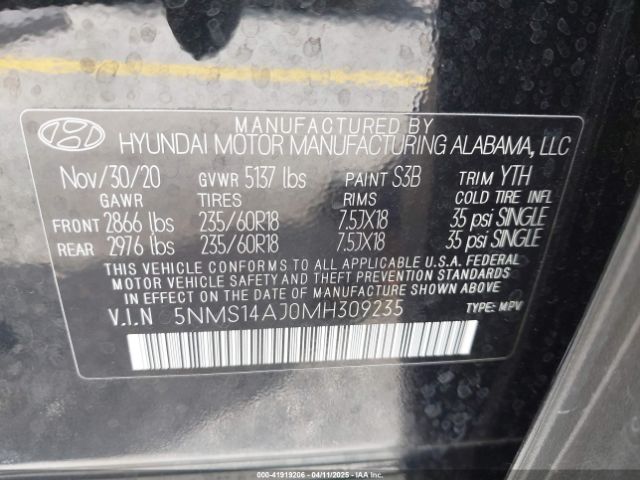 2021 HYUNDAI SANTA FE 5NMS14AJ0MH309235 Photo 8