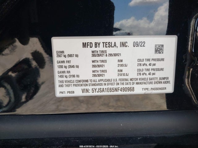 2022 TESLA MODEL S 5YJSA1E65NF490968 Photo 8