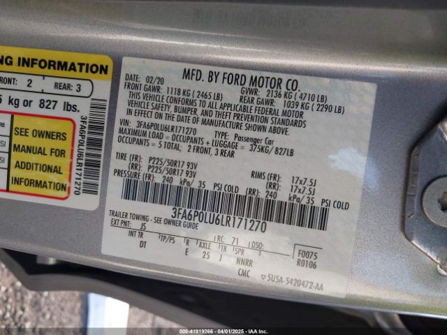 3FA6P0LU6LR171270 Ford Fusion Hybrid Se