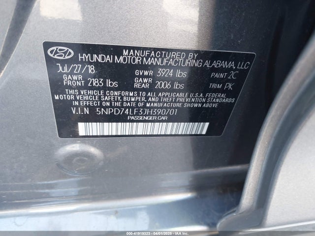 5NPD74LF3JH390701 Hyundai ELANTRA SE