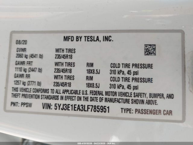 5YJ3E1EA3LF785951 Tesla Model 3 Standard Range Plus Rear-wheel Drive/standard Range Rear-wheel Drive
