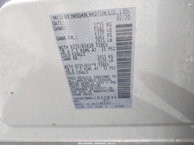 5N1DR2BM6LC612835 Nissan Pathfinder Sv 4wd