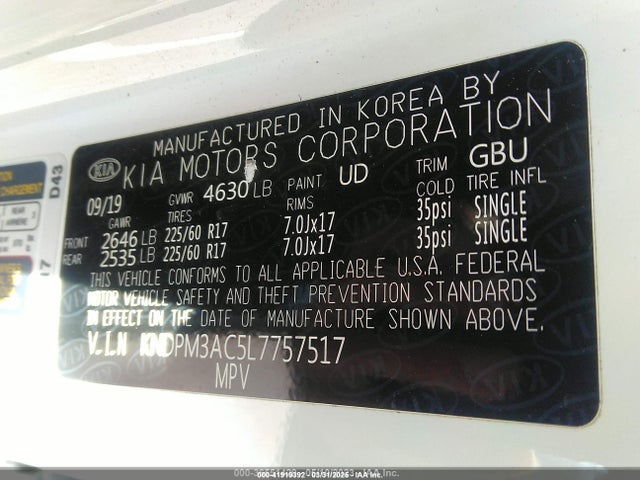 41919392 :رقم المزاد ، KNDPM3AC5L7757517 vin ، 2020 Kia Sportage Lx مزاد بيع