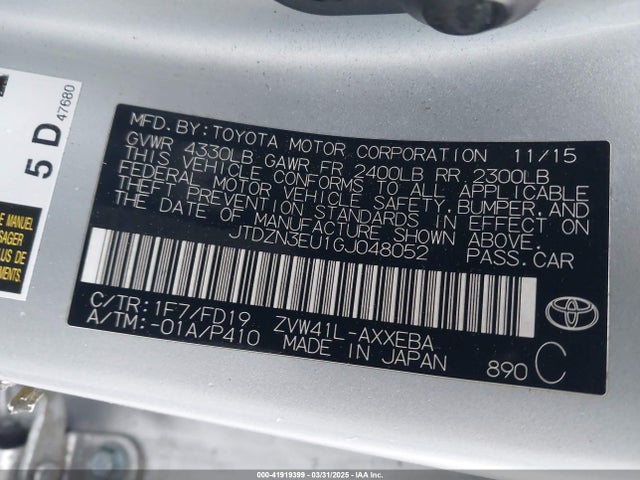 JTDZN3EU1GJ048052 Toyota 2zr-fxe, 5jm