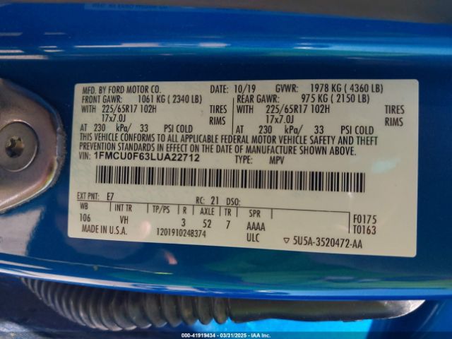 1FMCU0F63LUA22712 Ford ESCAPE S