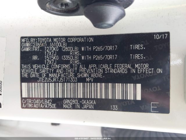 JTEZU5JR7J5171303 Toyota 4runner Sr5 Premium