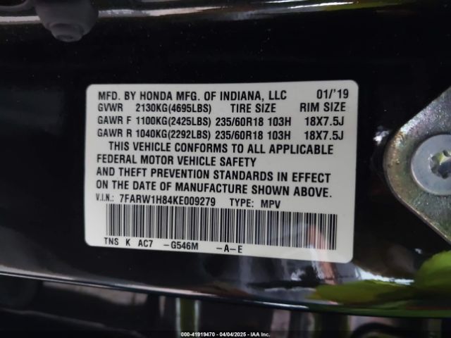 7FARW1H84KE009279 Honda Cr-v Ex-l